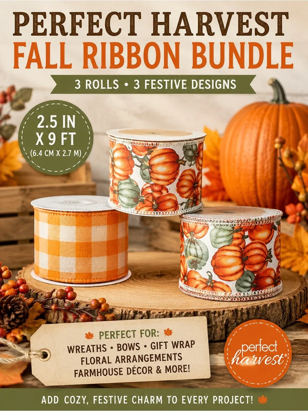 Perfect Harvest Fall Decorative Ribbon Bundle 2.5in x 9ft Pumpkin Plaid